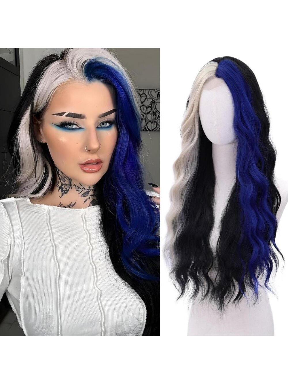 Women's Black Blue WECAN 28 Inch Rainbow Wig Long Wavy Synthetic Colorful Hair
